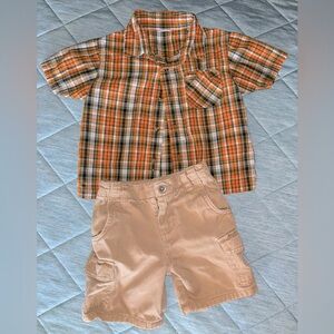 Toddler Boy 18mo. bundle, button up plaid shirt & cargo shorts